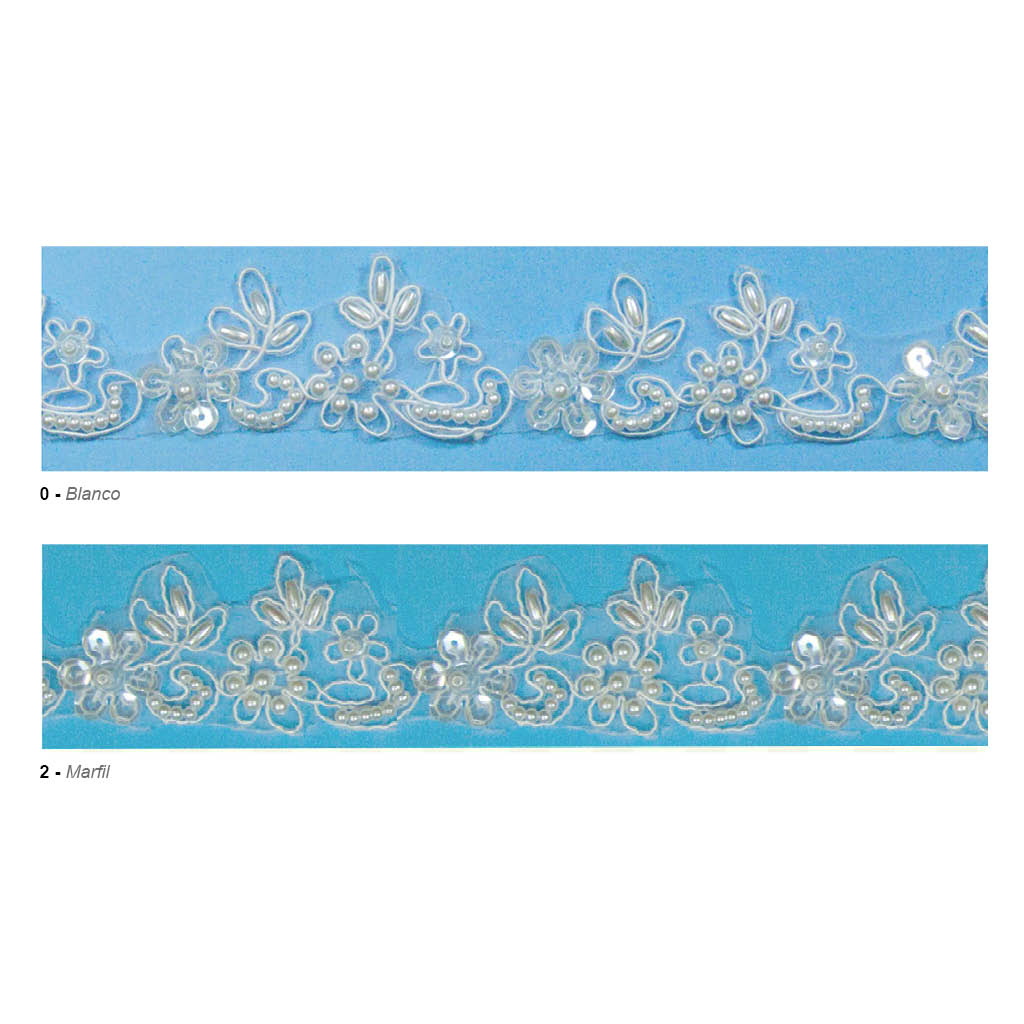 Galón tul bordado con perlas 40 mm