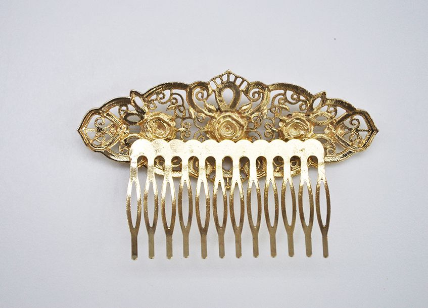 Peineta dorada metal flores - Imagen 3