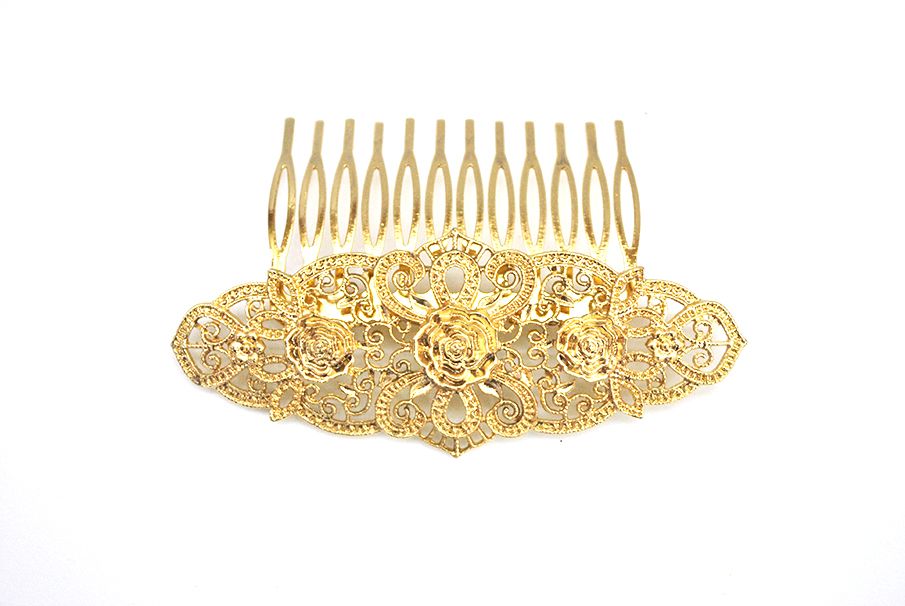 Peineta dorada metal flores