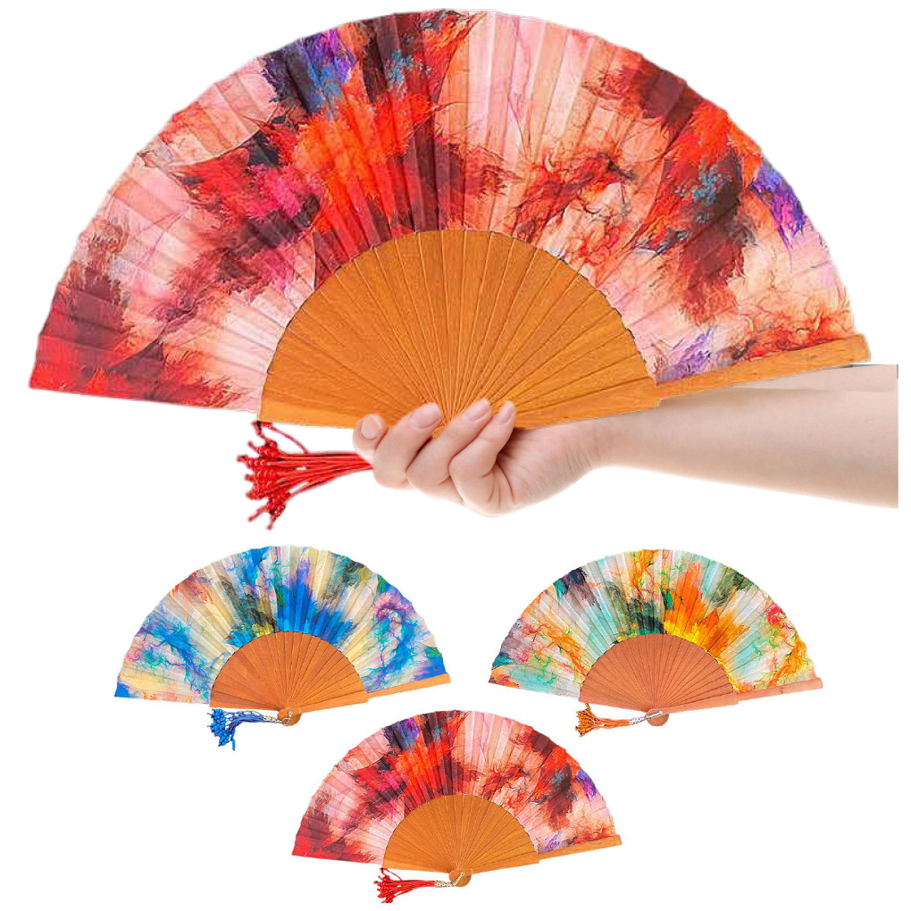 Abanico de madera y tela manchas (12 uds.)