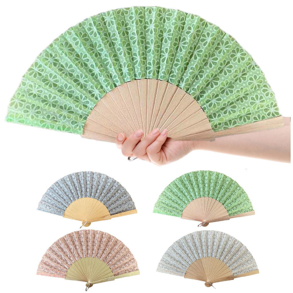 Abanico madera tela flores blancas (12 uds.)