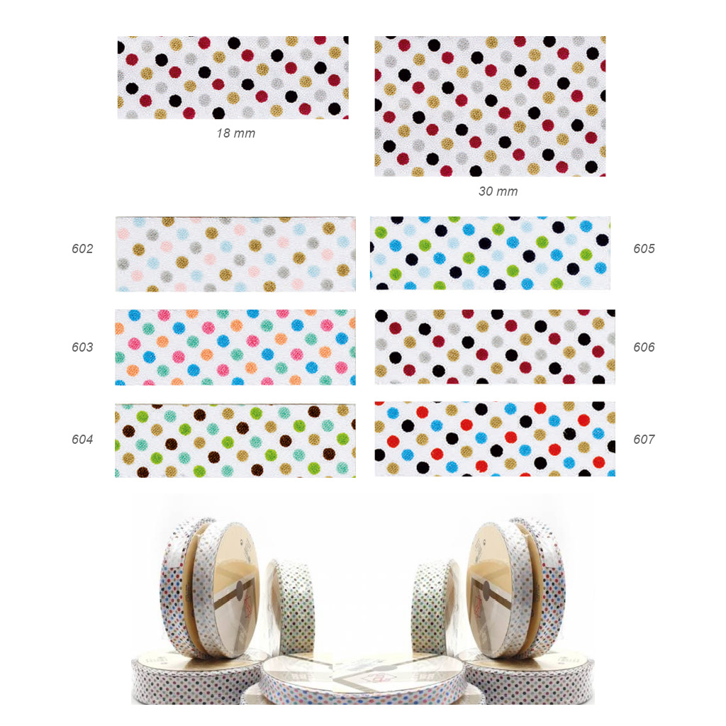 Cinta Bies topos colores 18 y 30 mm.