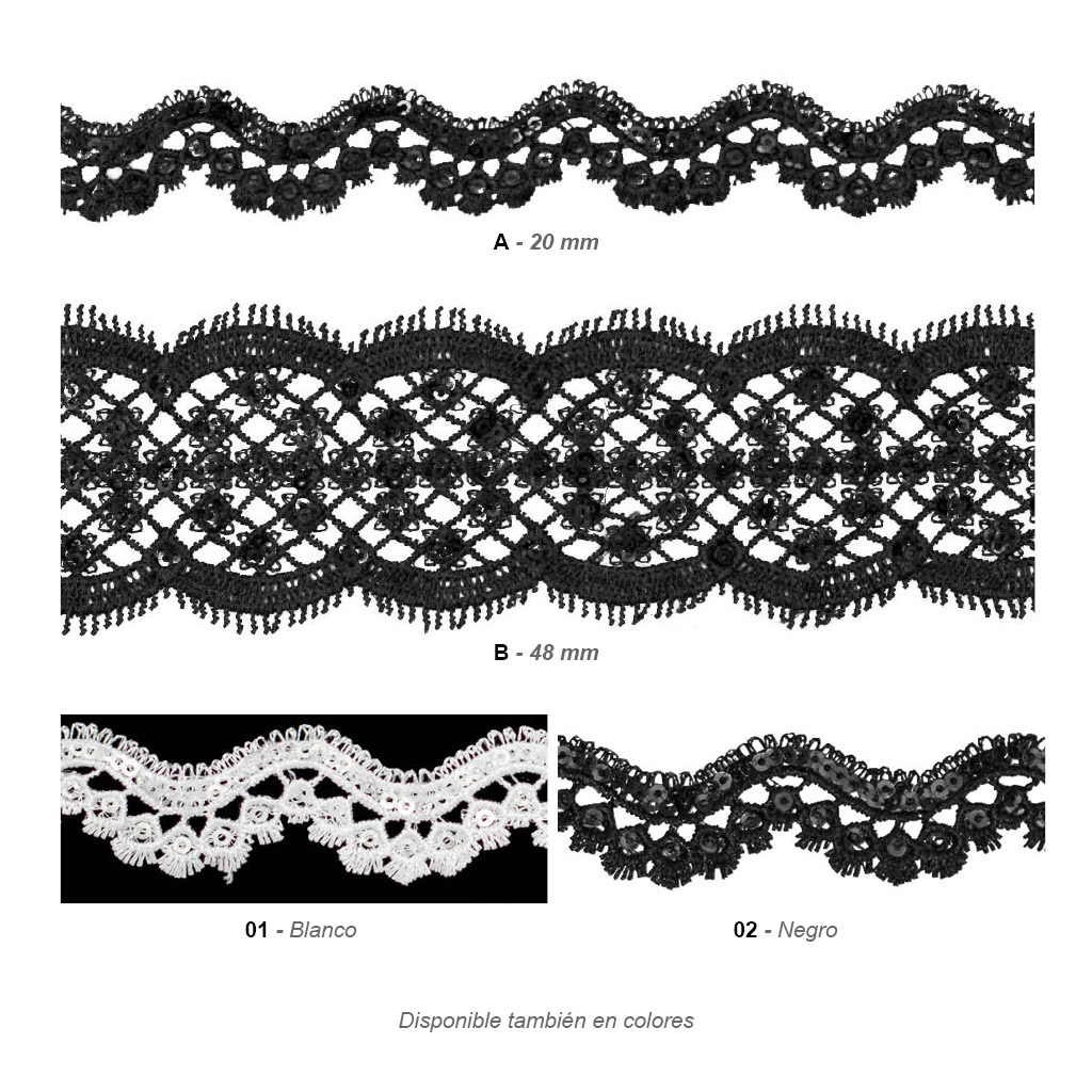 Encaje de guipur lentejuelas blanco y negro