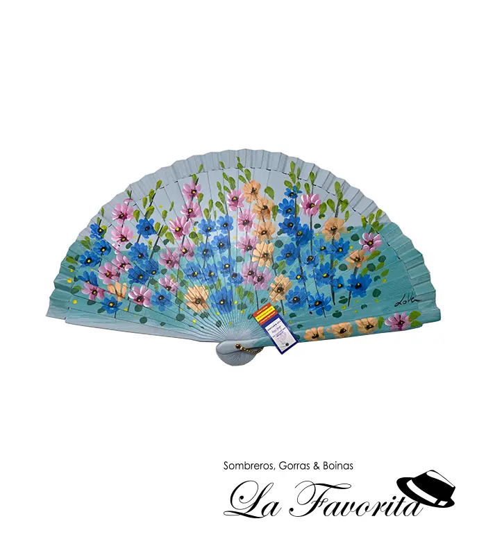 Abanico madera flores colores azul – Aire Distinto