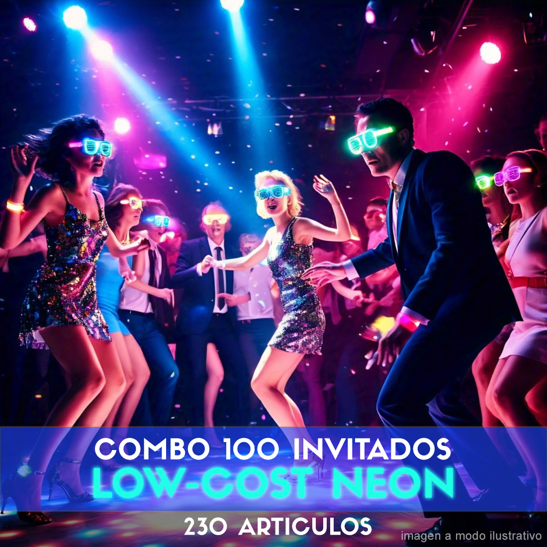 Combo Cotillón para 100 Invitados – 230 Artículos Luminosos Low Cost NEON (Cantidades Variables)