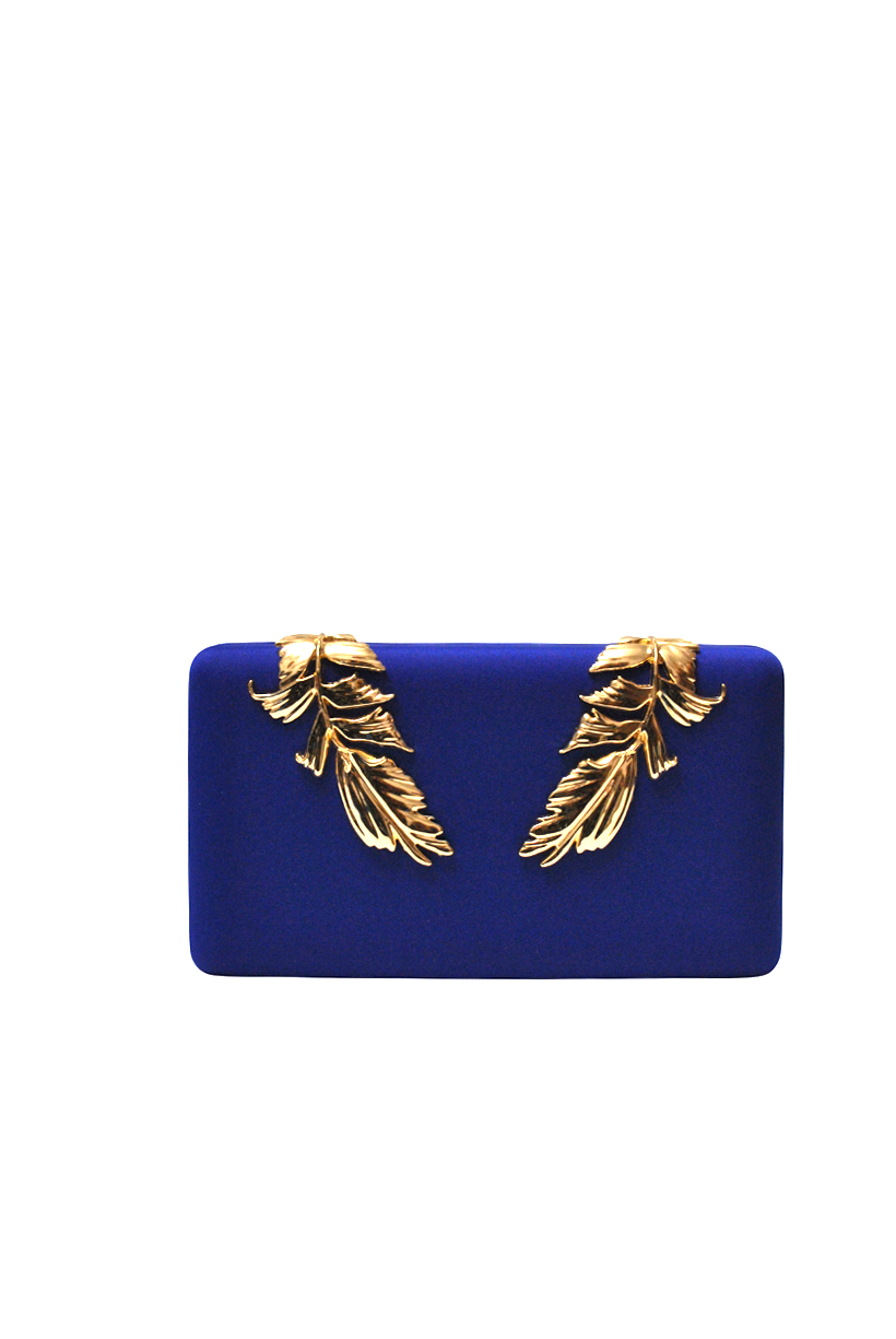Clutch raso azul hojas oro