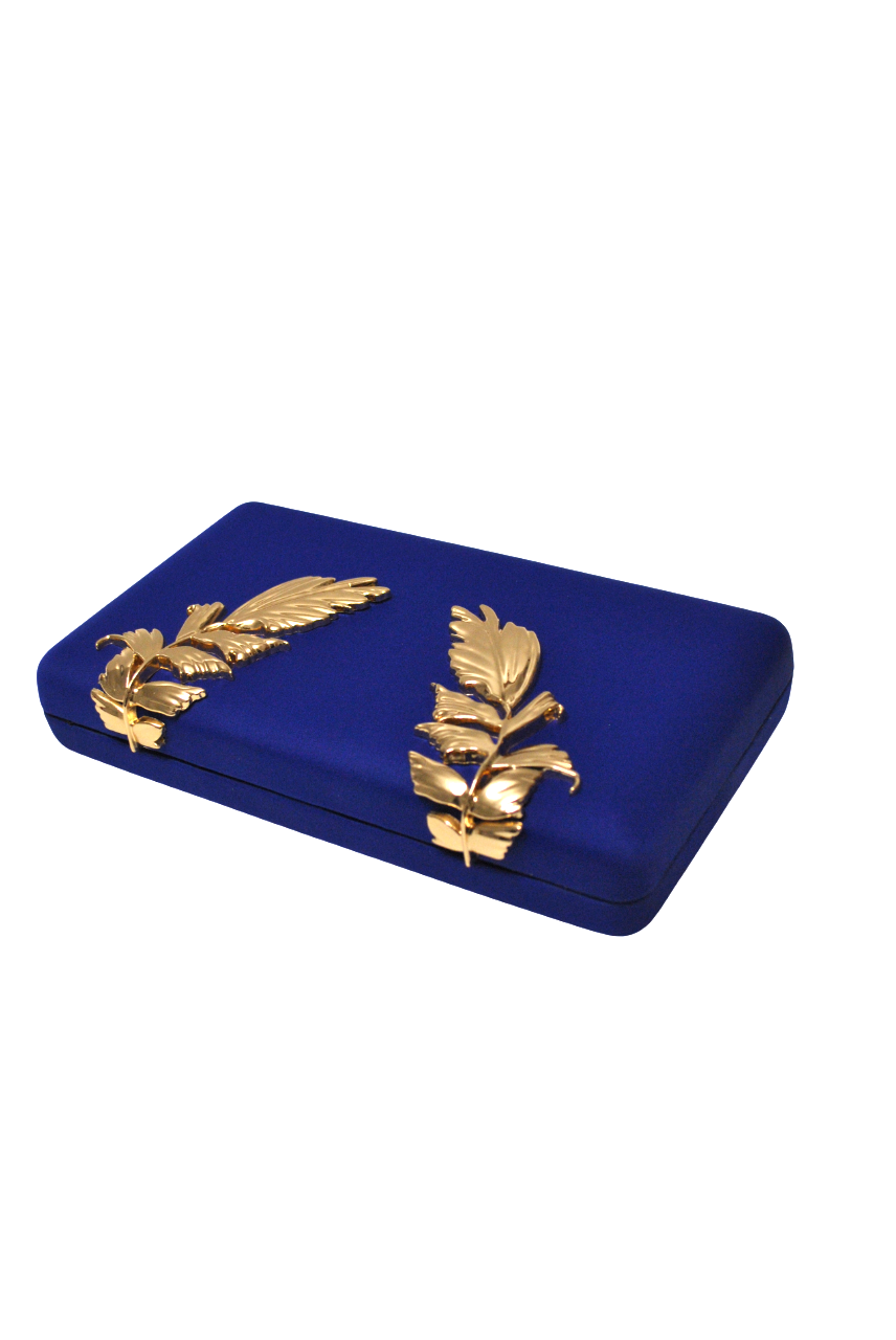 Clutch raso azul hojas oro - Imagen 2